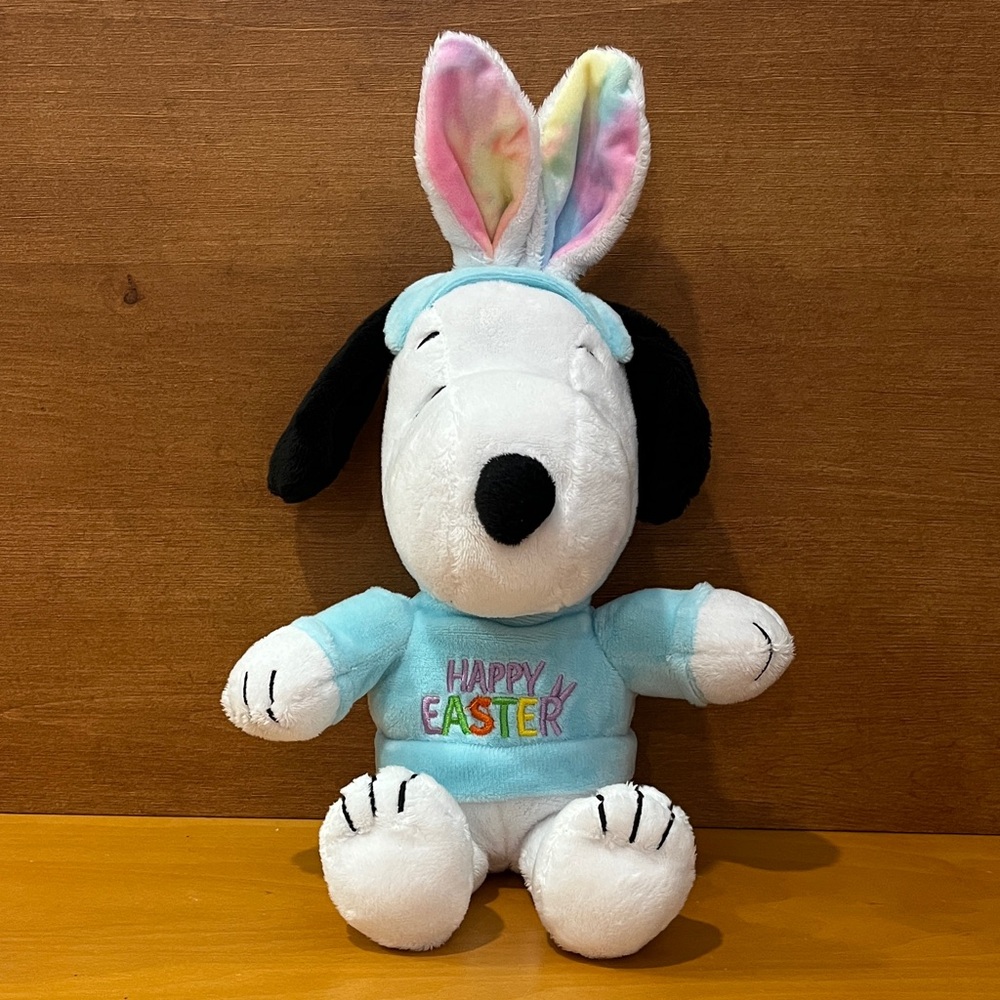 Peanuts Happy Easter Plush with Light Blue Outfit and Tie Dye Easter Bunny Ears